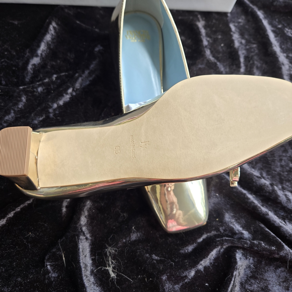Frances Valentine Mary Mini Block Gold Heels with Bow - Picture 4 of 5